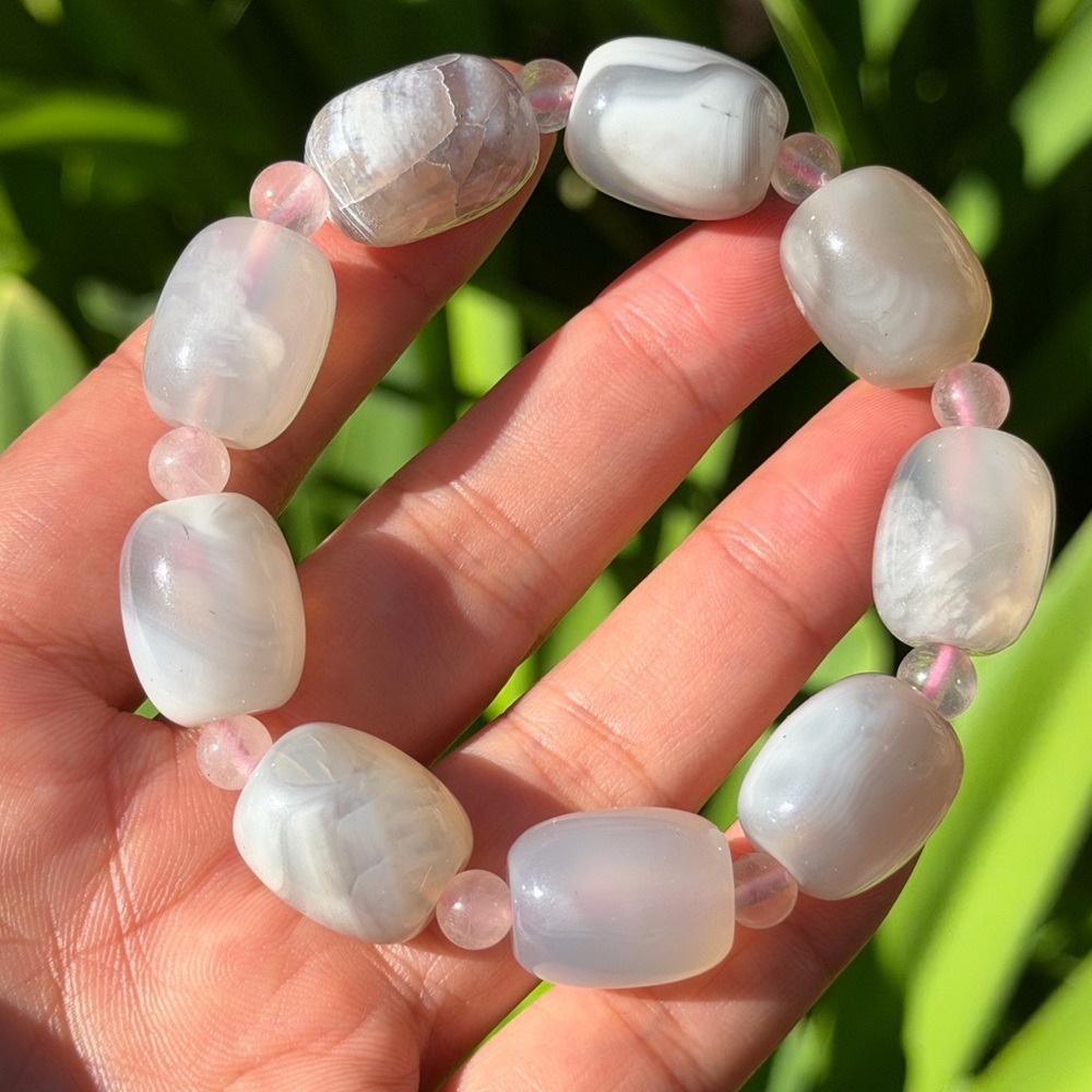 14mm stretchable barrel shape milky agate rose quartz bracelet 0401‎
